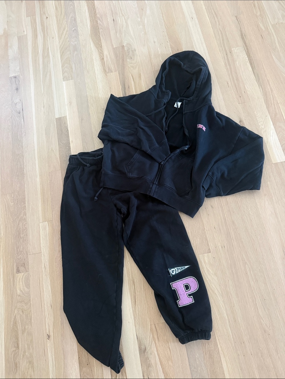 PINK Victoria's Secret Black Hoodie & Sweatpants Set with Pink 'P' Accent